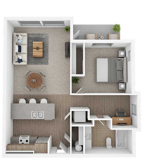 Floor plan for 1 bed, 1 bath, 769 sqft